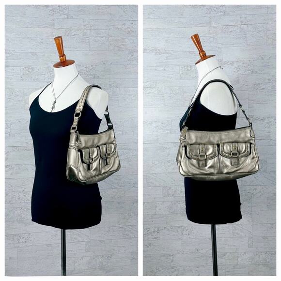 Fossil metallic bronze gold leather studded shoulder hobo bag - Picture 3 of 8